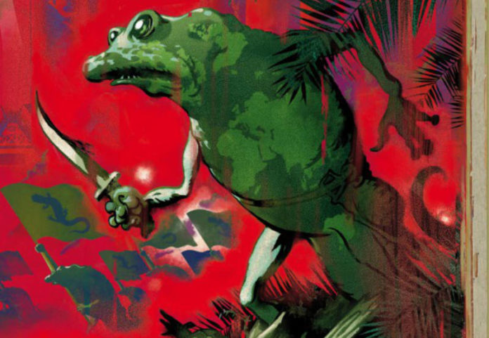 Contra la humanidad, con motivo de las salamandras. Detalle portada La guerra de las Salamandras.