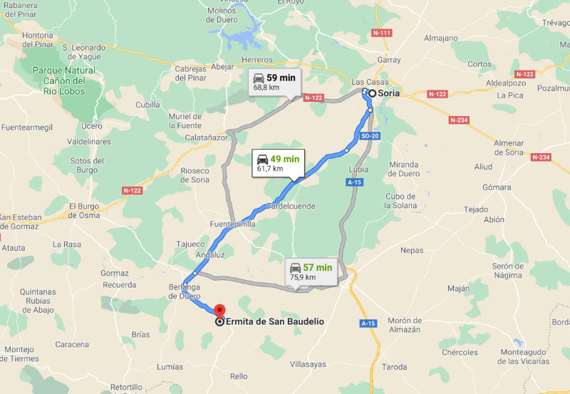 Mapa de Ruta desde Soria hasta la Ermita de San Baudelio de Berlanga