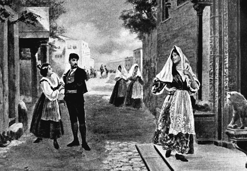 Escena de Santuzza, Turiddu y Lola. The Victrola Book of opera: stories of one hundred and twenty operas with seven-hundred illustrations and descriptions of twelve-hundred Victor opera records.