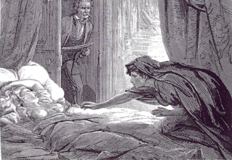 Ilustración original de "Carmilla" por D. H. Friston para la revista The Dark Blue