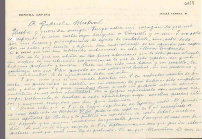 Carta de Concha Espina a Gabriela Mistral