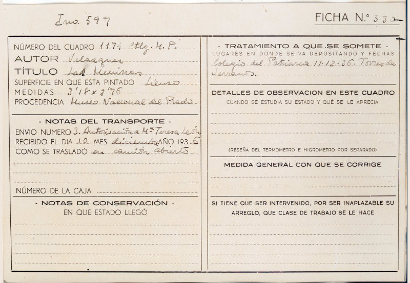 Ficha de transporte de Las Meninas durante la Guerra Civil. Fuente: recursos educativos del Ministerio de Educación de España.