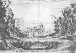 La Liberazione di Ruggiero dall’isola di Alcina. Isola d’Alcina ardente. Escenas 1 y 3. Alfonso Parigi (Firenze 1606 - 1656) Aguafuerte. Colección: Gabinetto dei disegni e delle stampe. Galleria degli Uffizi.