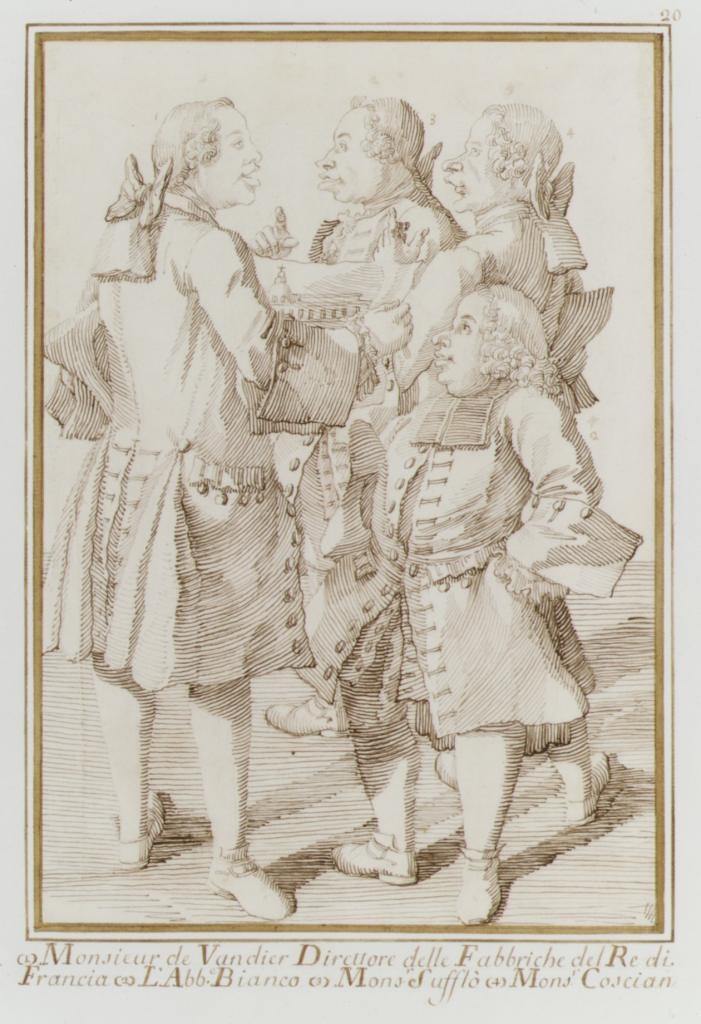 Servapadrona4 : Caricatura de cuatro personalidades parisinas (Vandières, Le Blanc, Soufflot y Cochin le Jeune) - Pier Leone Ghezzi - circa 1750 - The Metropolitan Museum New York, Rogers Fund © Metmuseum 